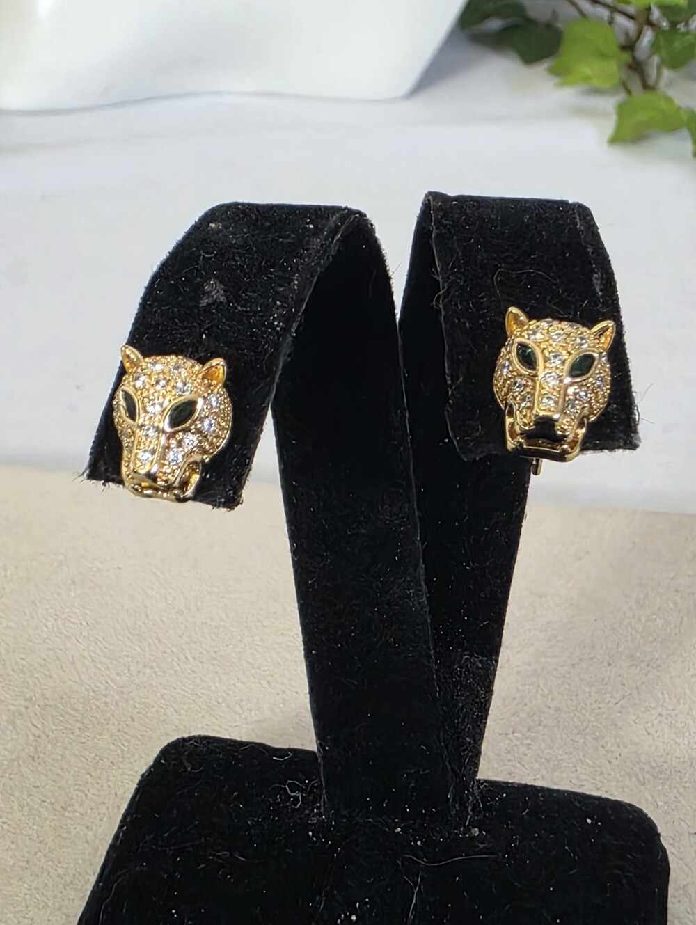 Panther Head Stud Earrings Green CZ Eyes Pavé Accents Gold Filled